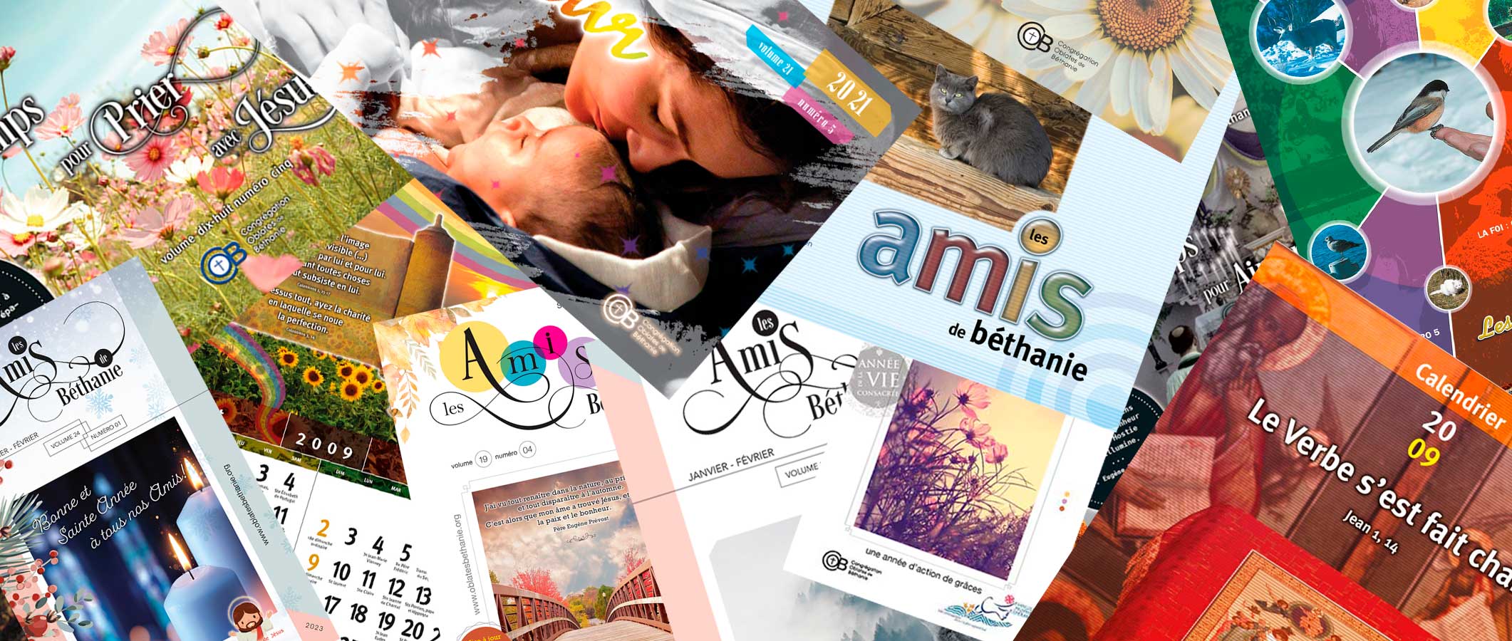 Montage graphique ou collection de différentes couvertures de la revue Les Amis de Béthanie produite au fil des ans.