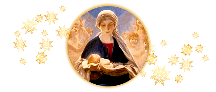 En médaillon : illustration de la Vierge Marie tenant l'Enfant-Jésus