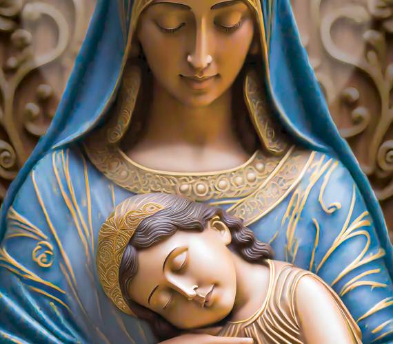 Image montrant une statue vue de face de la vierge Marie avec, dans ses bras, l'Enfant-Jésus assoupi.